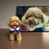 A custom-made lifelike pet dog statue based on a photograph sits on the table.