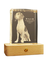 Memorial plaque with a dog's portrait on a wooden base