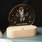 Memorial plaque with a cat's photo, angel wings, and a halo on a wooden base.