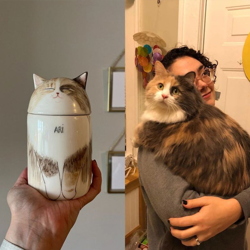 Cat-shaped container with a cat's face on it, held by a person, next to a person holding a real cat.