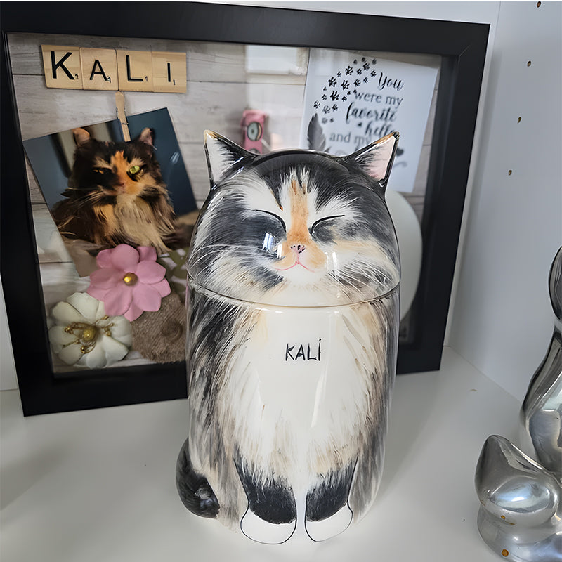 Cat-shaped jar with 'KALI' on a shelf next to a framed photo