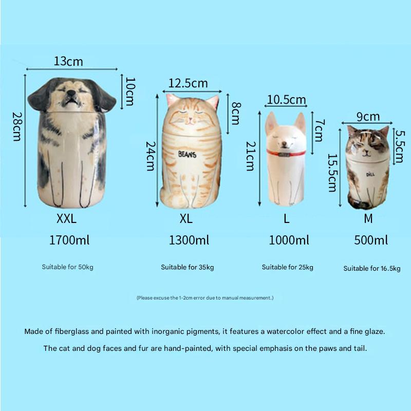 Measurement chart of dog and cat-shaped containers with dimensions and capacities on a blue background.