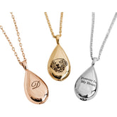 Three teardrop-shaped pendants in rose gold, yellow gold, and silver on white backgrounds.