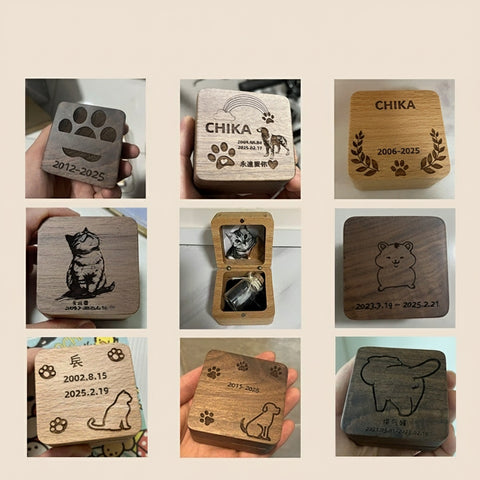 Collection of wooden memorial with engraved designs and text on a beige background