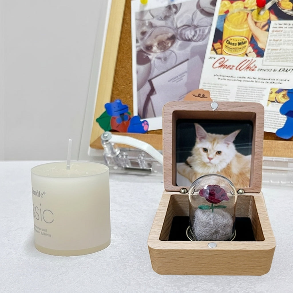Wooden box with a photo of a cat, a candle, and a glass dome with a flower on a surface.