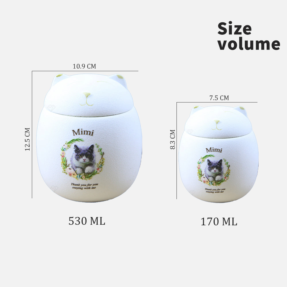 Two ceramic pet bowls with measurements and volume labels on a white background