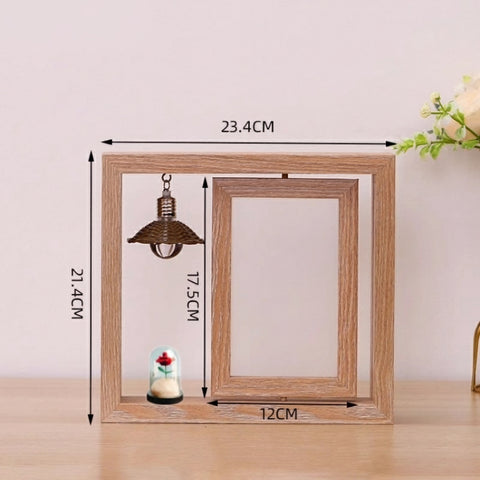 Wooden photo frame with measurements on a light pink background
