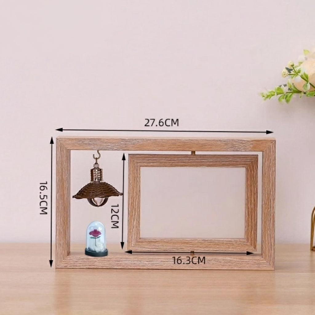 Wooden photo frame with measurements on a light wooden surface.