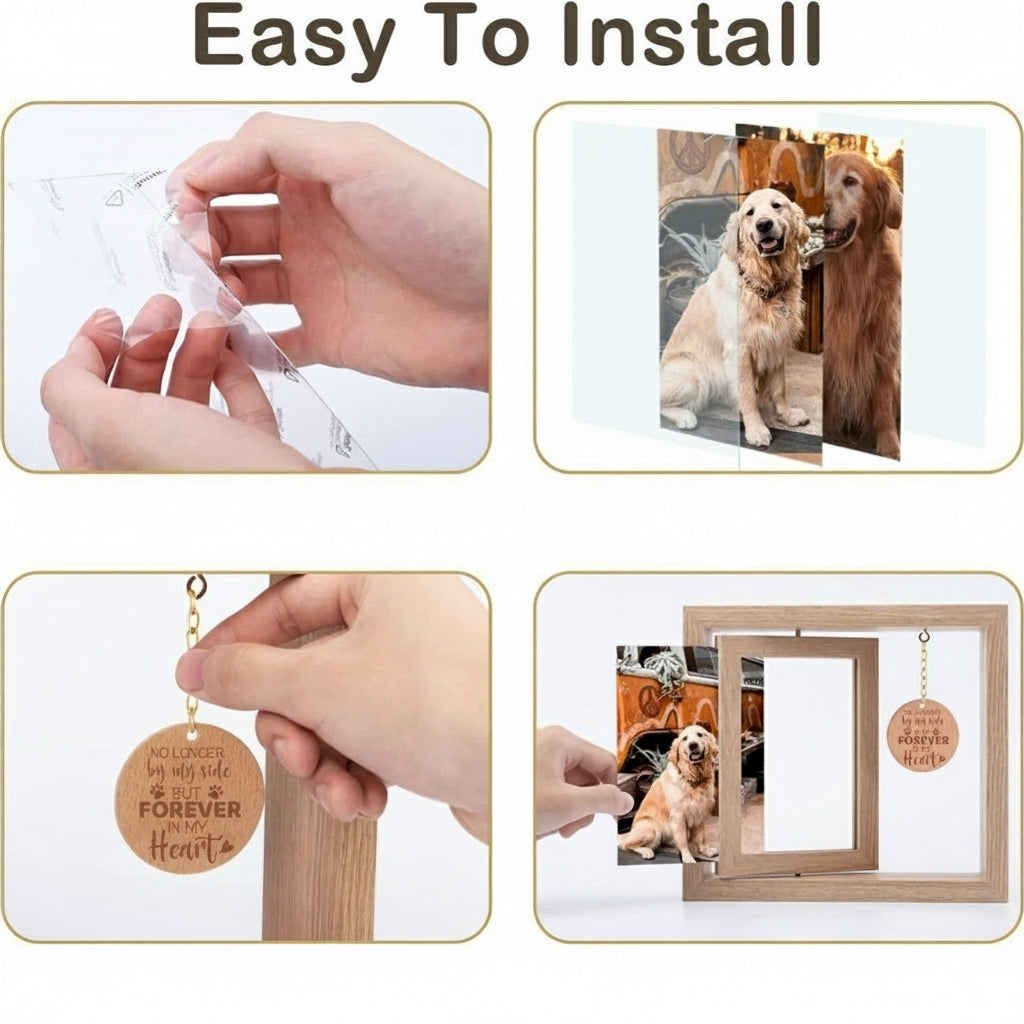 Step-by-step guide on installing a decorative pet frame with a dog photo and hanging charm.