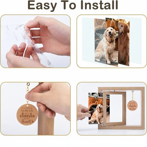 Step-by-step guide on installing a decorative pet frame with a dog photo and hanging charm.