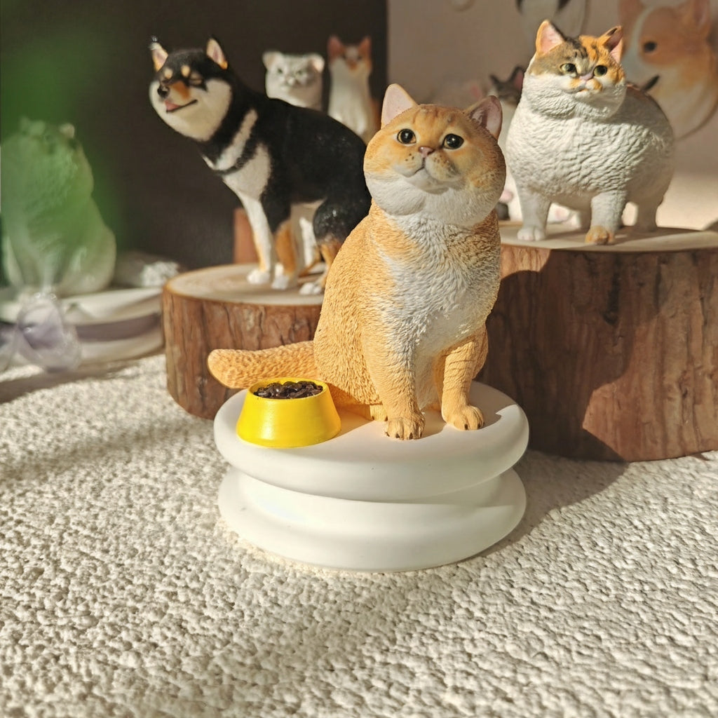 Cat figurine with a bowl of food on a white base, surrounded by other cat figurines.