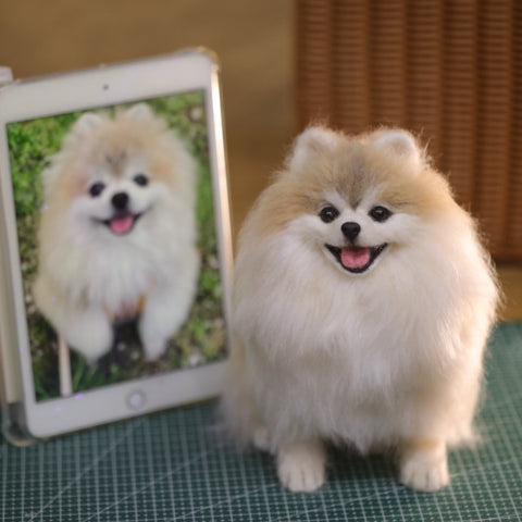 Small dog next to a tablet displaying an image of another dog