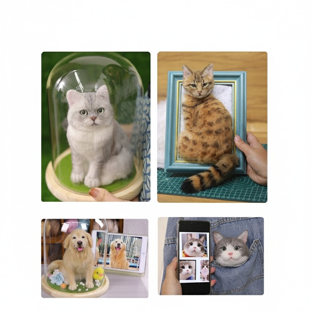 Collage of four images featuring cats in various settings with a focus on pet products or services.