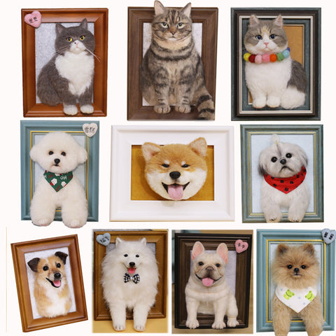 Collection of framed pet portraits and plush toys on a white background