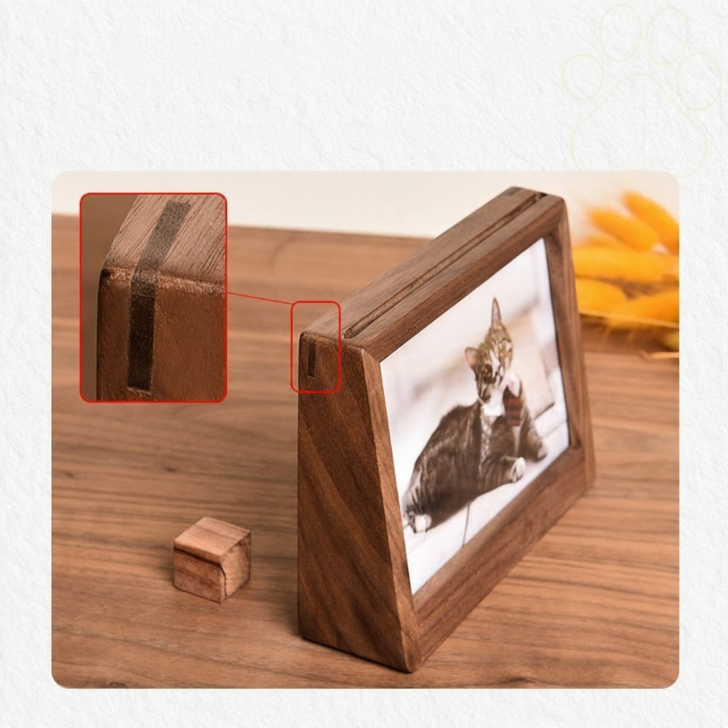 Wooden photo frame with a corner detail on a wooden surface