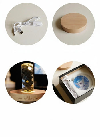 Collage of a wooden night light, cable, and packaging on a white background