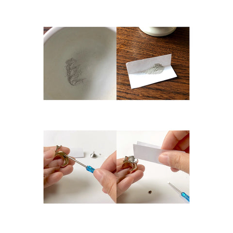 Collage of jewelry repair steps including cleaning, sanding, and polishing.