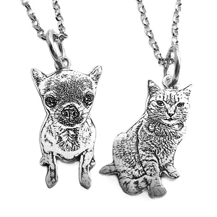 Two silver animal pendants on chains against a white background