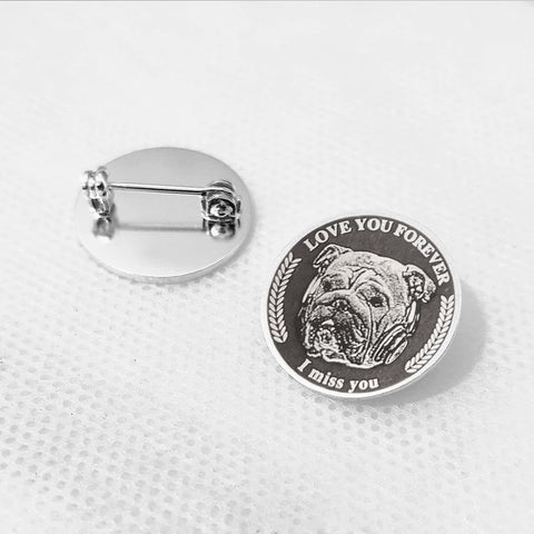 Silver pet memorial coin with dog engraving and 'Love you forever, I miss you' text on a white background