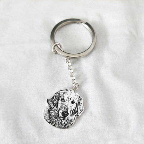 Silver keychain with a dog's face pendant on a white background