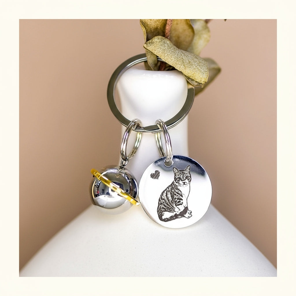 Silver keychain with cat charm on a white surface