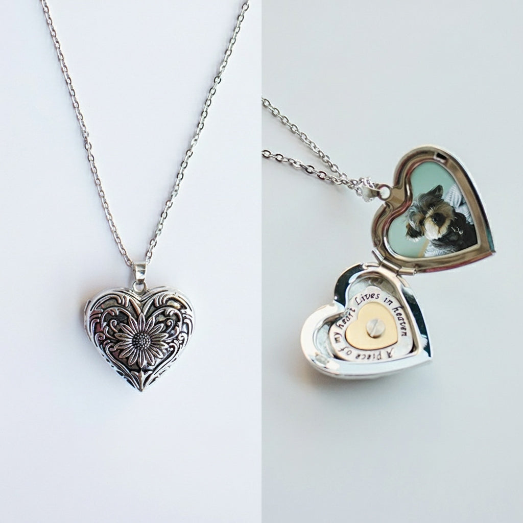 Heart-shaped locket with a cat inside on a white background