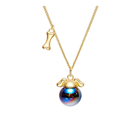 Gold necklace with a colorful pendant on a white background