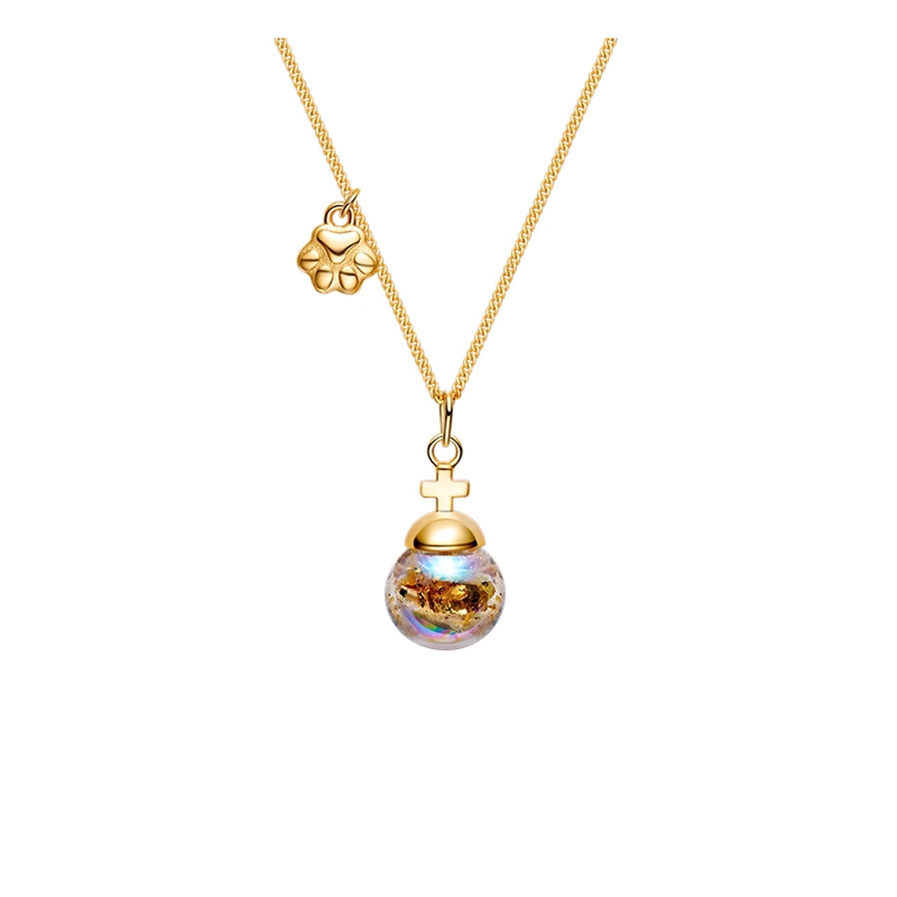 Gold necklace with a colorful pendant on a white background