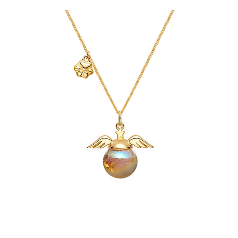 Gold necklace with a pendant featuring a pearl and angel wings on a white background