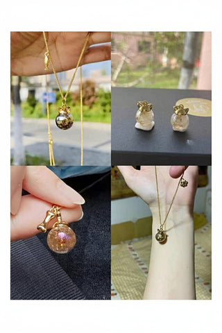 Collage of gold necklaces and earrings with decorative elements.