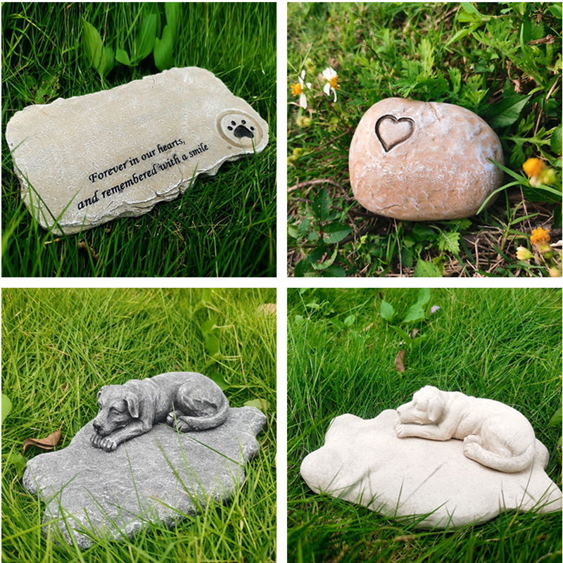 Collage of pet memorials with engraved text and designs on grass.