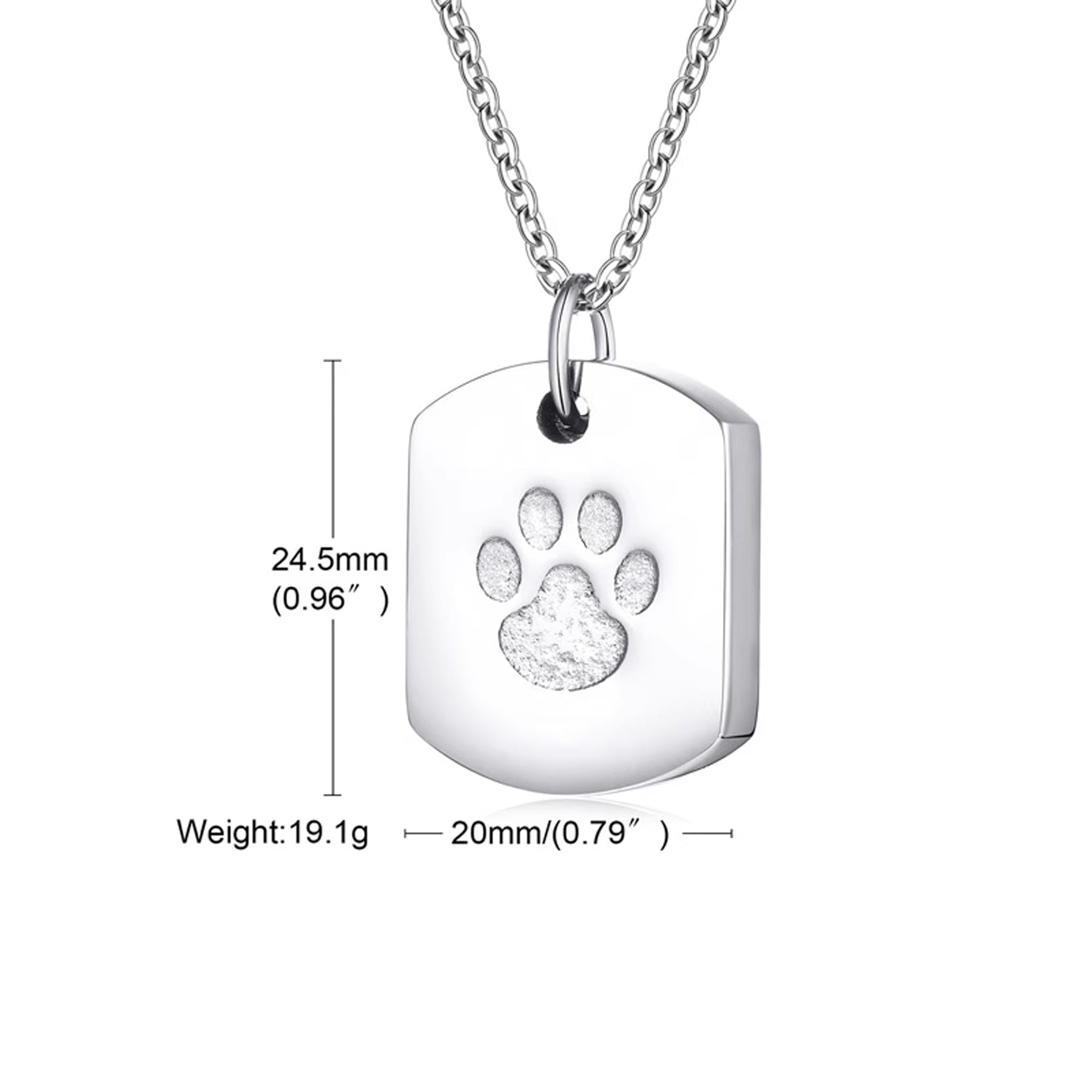 Silver pendant with paw print design on a white background