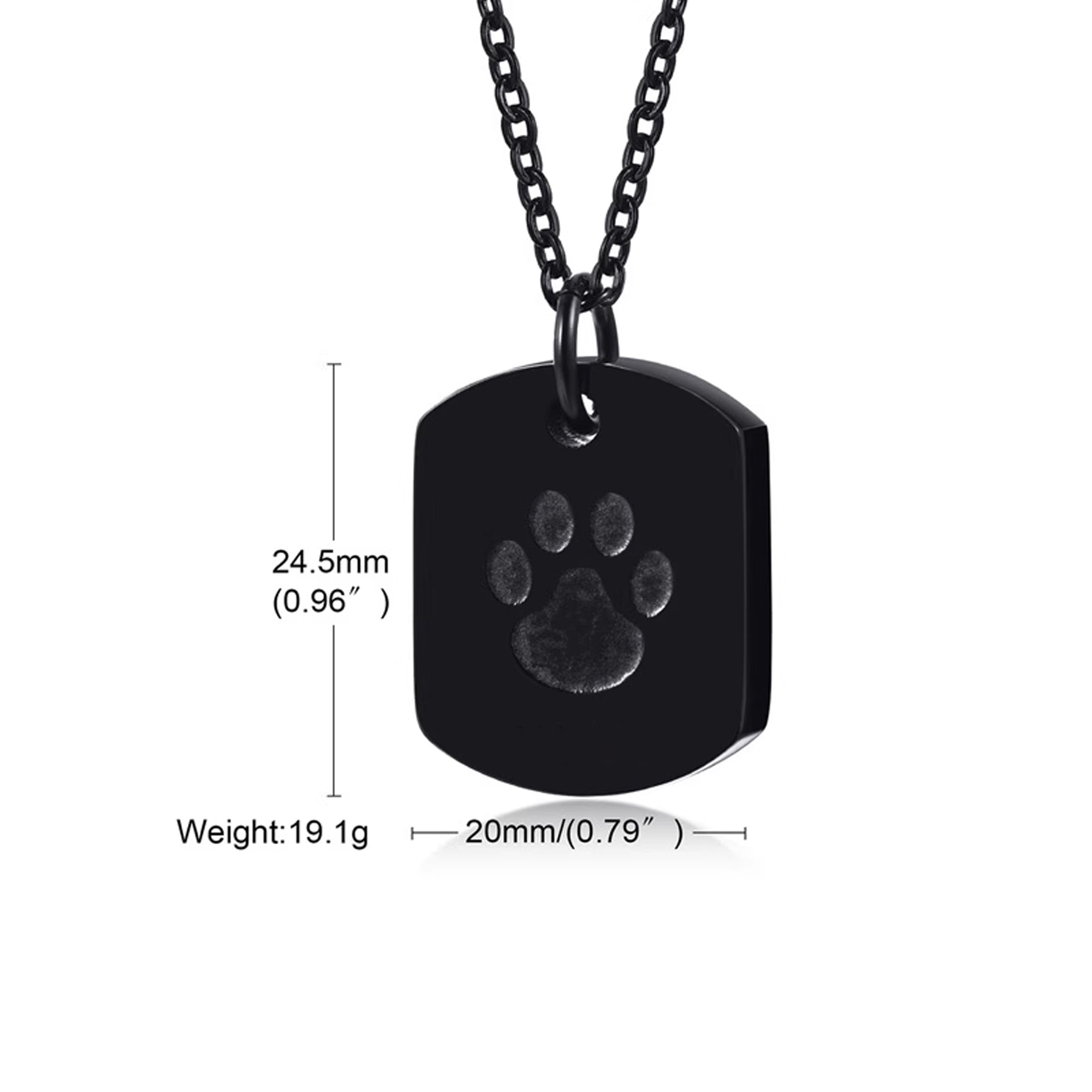 Black dog tag pendant with paw print design and measurements on a white background