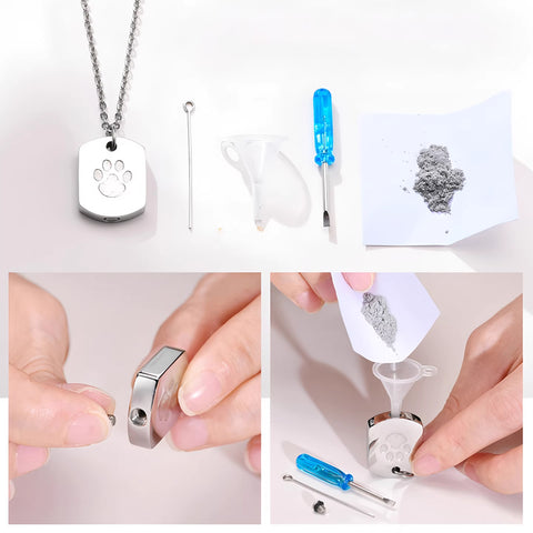 Collage of a necklace with a paw print pendant, tools, and hands working on it.