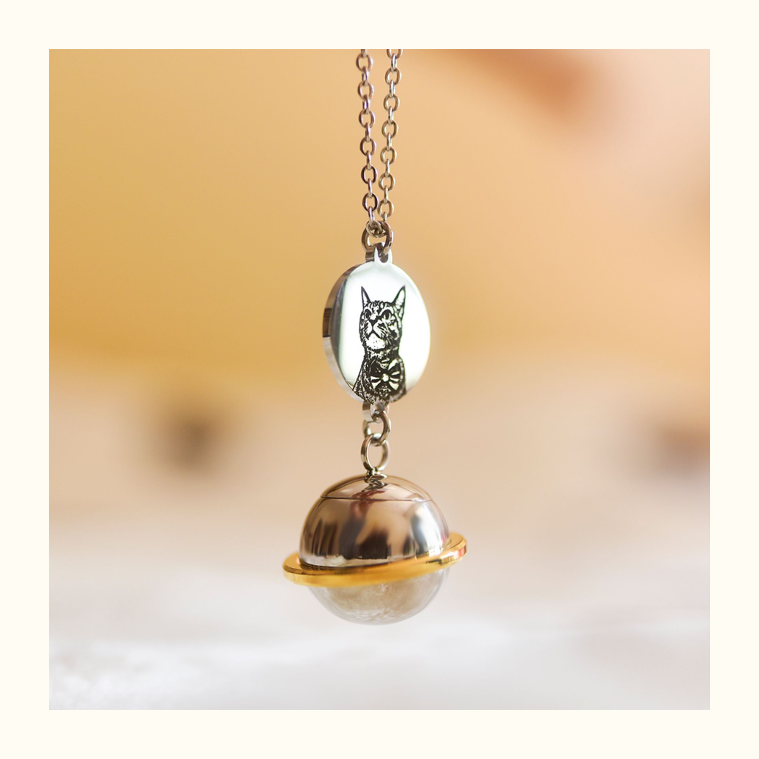 Silver necklace with a round pendant featuring a cat design on a blurred background