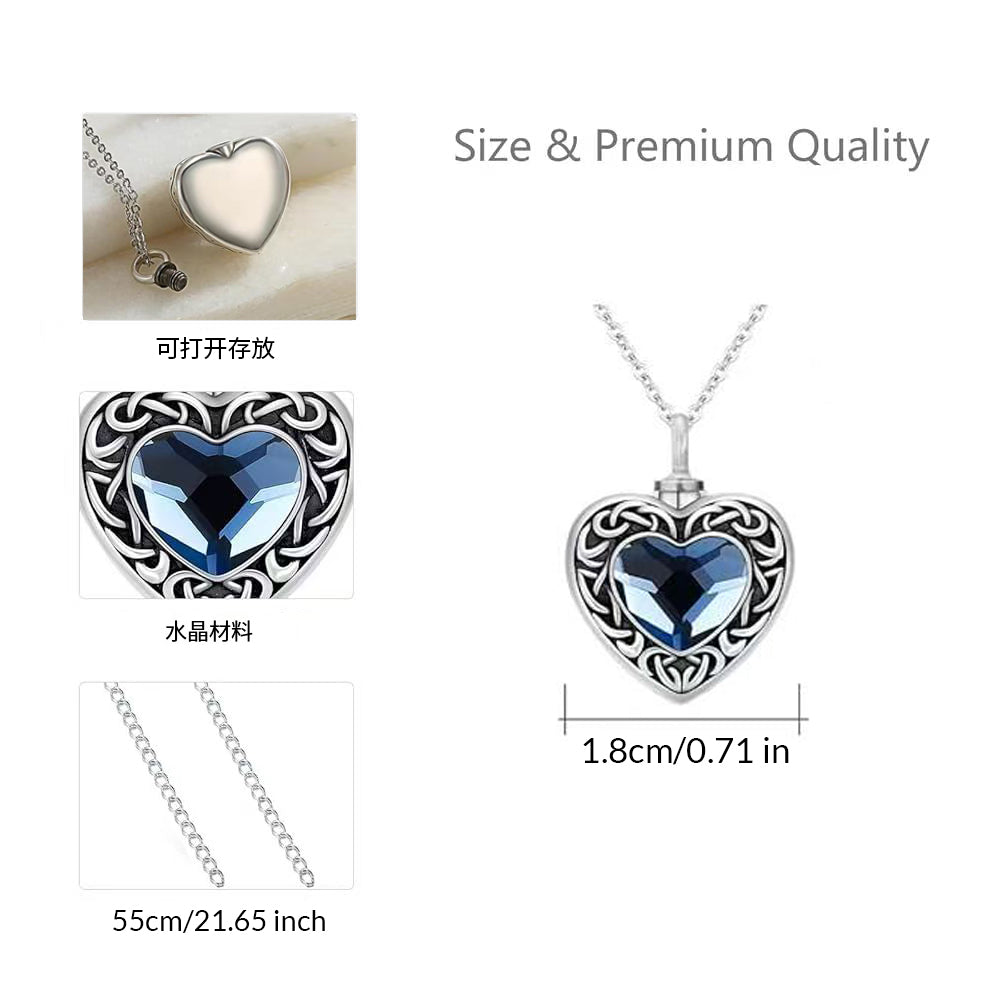 Heart-shaped pendant with blue gemstone and silver chain, shown with measurements and quality details.