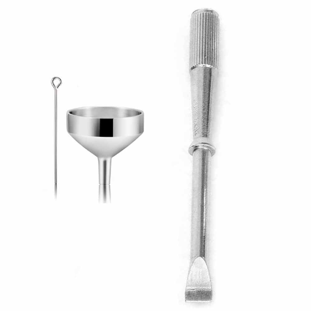 Set of metal tools including a funnel and a long-handled tool on a white background