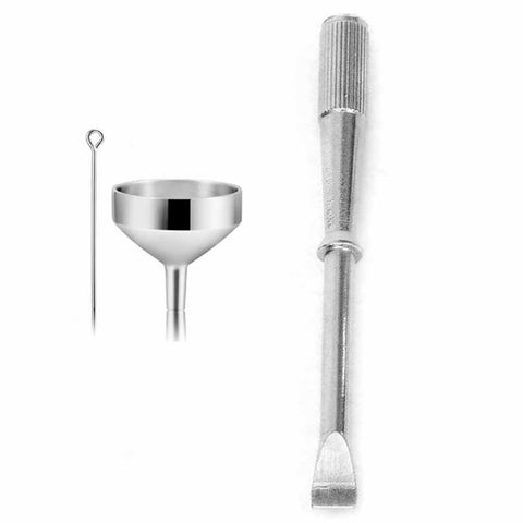 Set of metal tools including a funnel and a long-handled tool on a white background