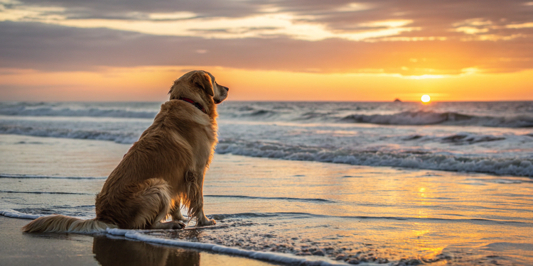Dog sitting on a beach at sunset with waves in the background