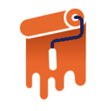 Logo of a paint roller with orange handle and blue paint stroke on a white background